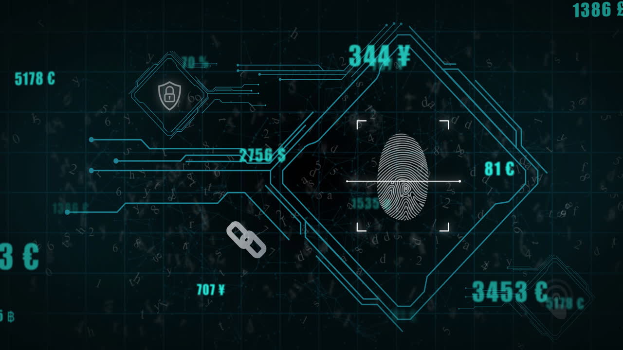 Animation of biometric fingerprint and data processing over black background
