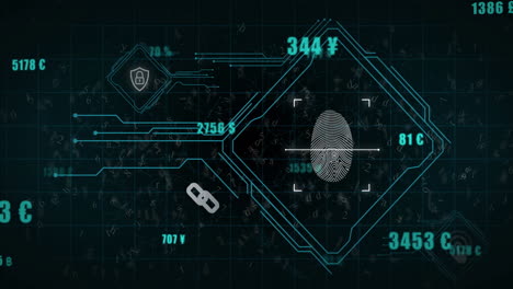 animation of biometric fingerprint and data processing over black background