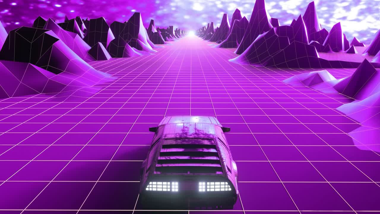 Retrowave 80s style sci-fi car background. Seamless loop 3D video animation