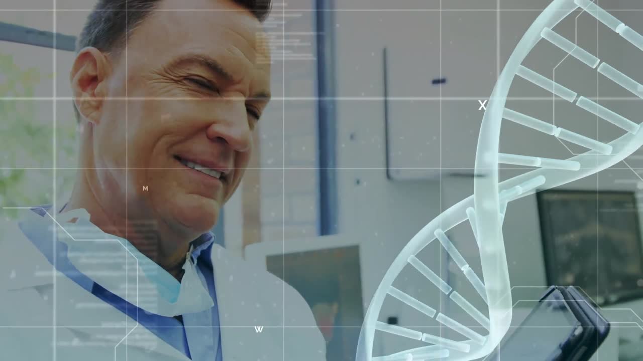 Animazione di elaborazione dati medici su un dentista caucasico uomo