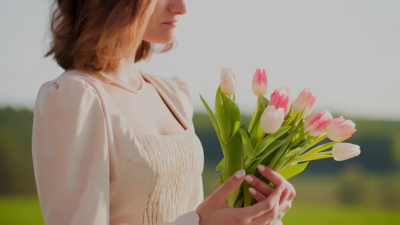 Female in flowing dress caressing delicate pink, white tulips amid golden sunlight, embodying serene floral elegance near soft greenery