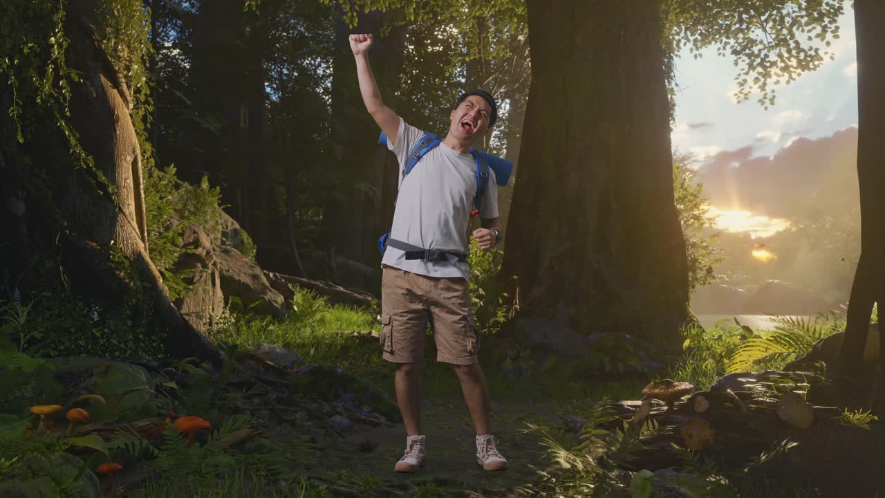 cuerpo lleno de excursionista masculino asiático con mountaineering mochila gritando meta celebrando el éxito mientras explora la naturaleza del bosque