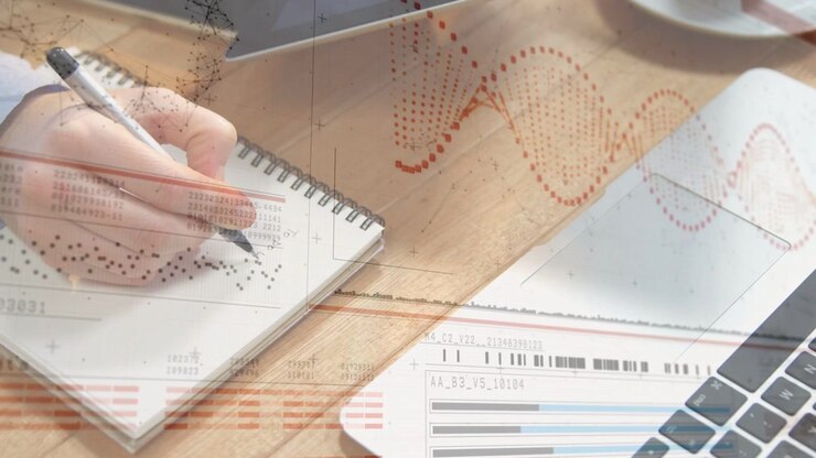 Poised right hand touching notebook and writing dotted marks while shifting spiral visualizing data