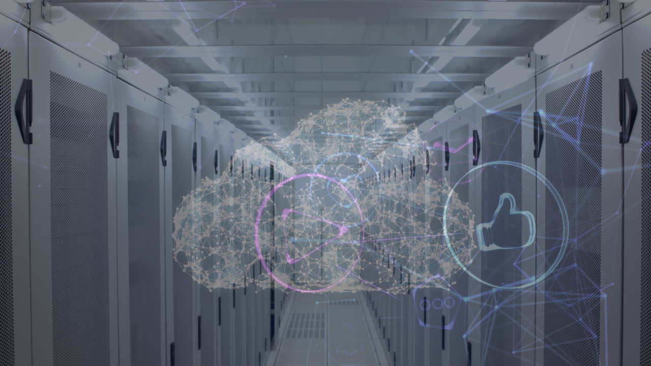 icono de la nube contra la sala de servidores vacía