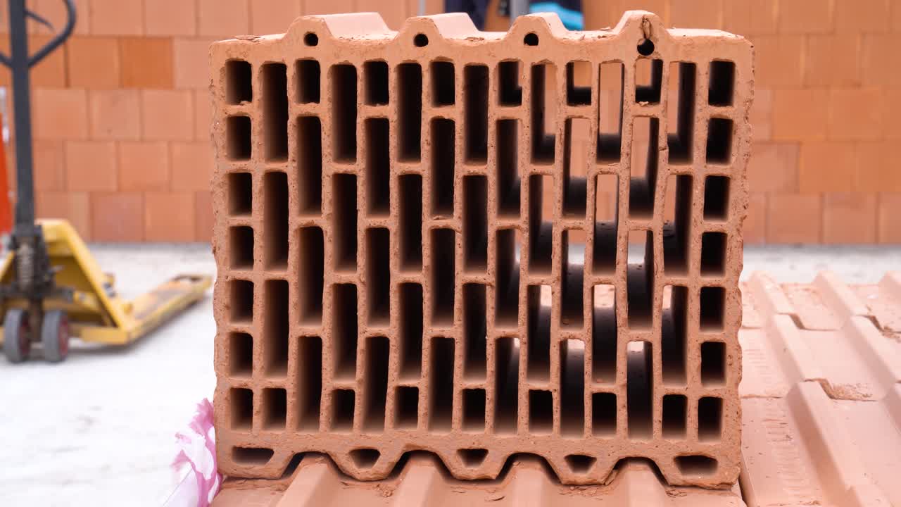 Close-up of ceramic block with vertical cavities at house construction site