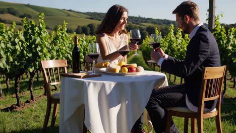 couple enjoying a romantic dinner in a vineyard