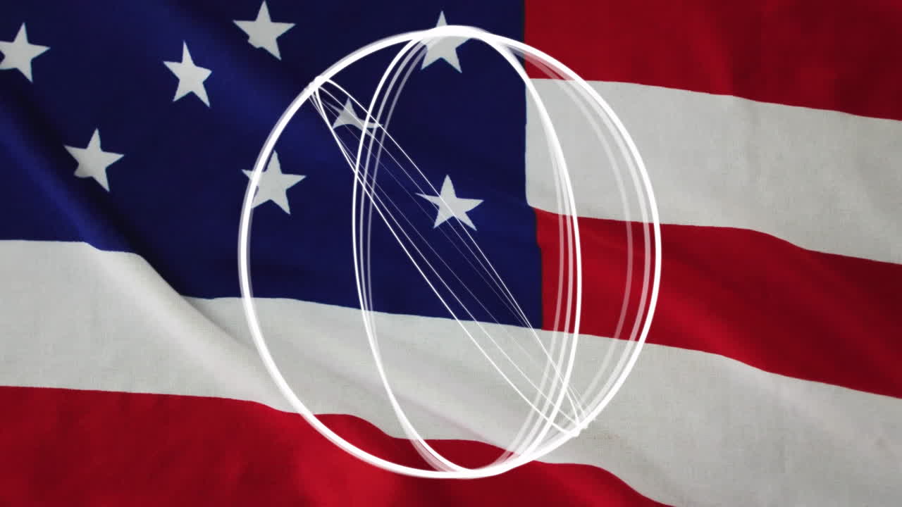 Animation of swirling white lines forming circle over American flag background