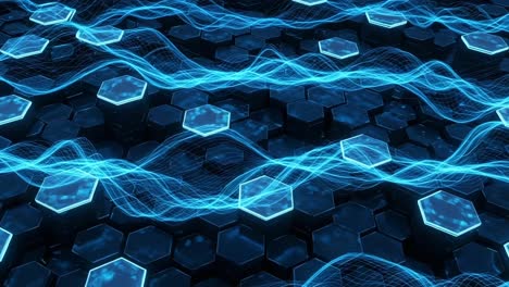 dynamic visualization of glowing hexagonal patterns and fluid waves in a vivid blue environment, showcasing a blend of technology and nature