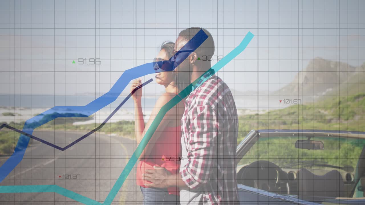 Man pointing horizon initiating finance charts rising over couple and shore, couple sharing view