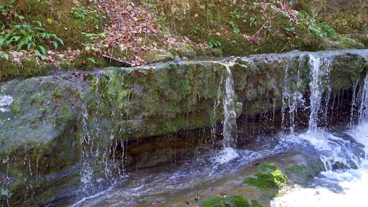 Slow motion view of gentle forest stream cascading over moss covered stone ledge in Akchour Forest near Chefchaouen, Morocco, showing calm freshwater flow in natural woodland setting