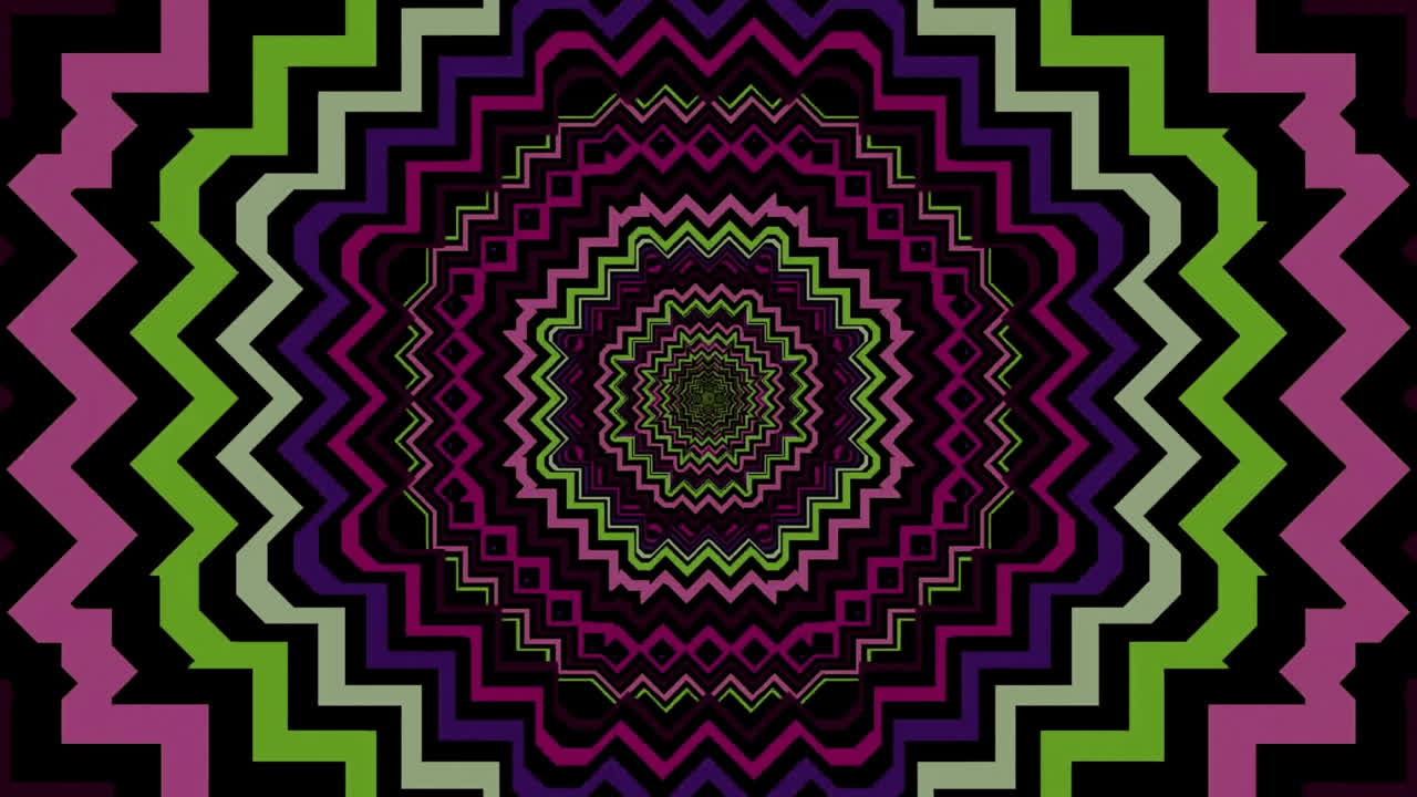 animación de mega venta en texto blanco sobre formas caleidoscópicas rosadas y verdes en movimiento