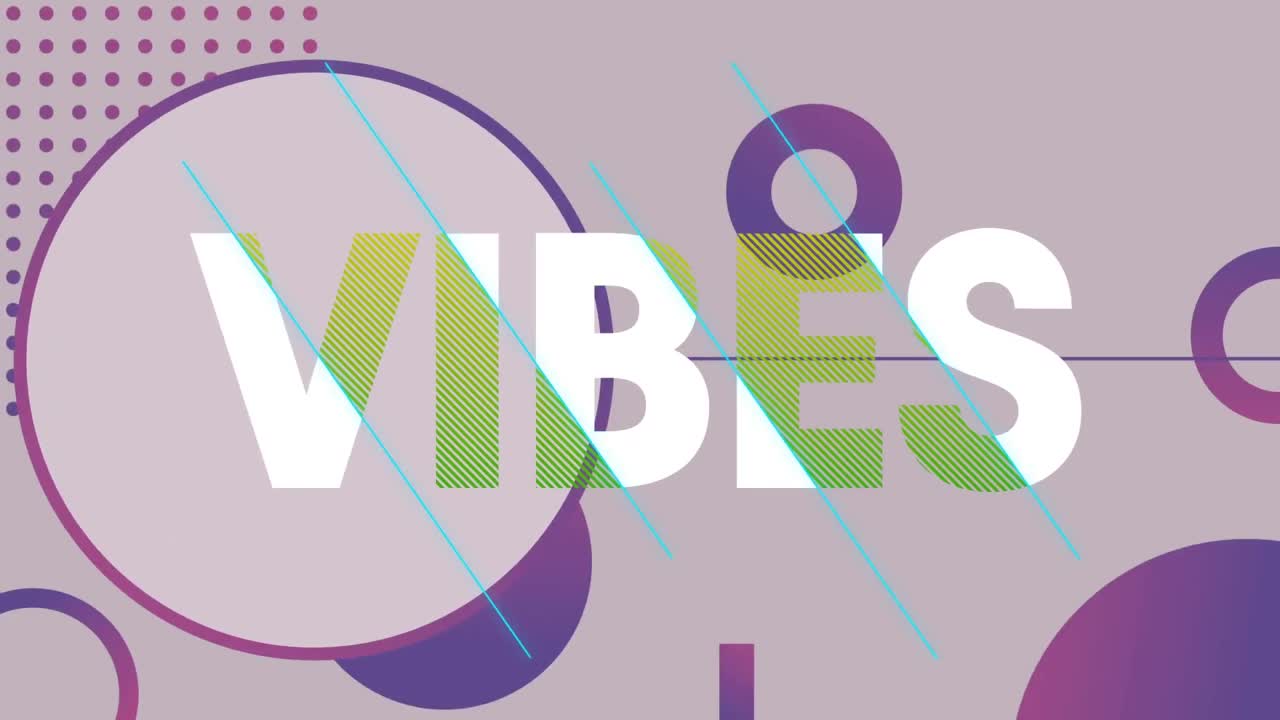Animation of vibes in white and green text over purple dots and circles on grey background