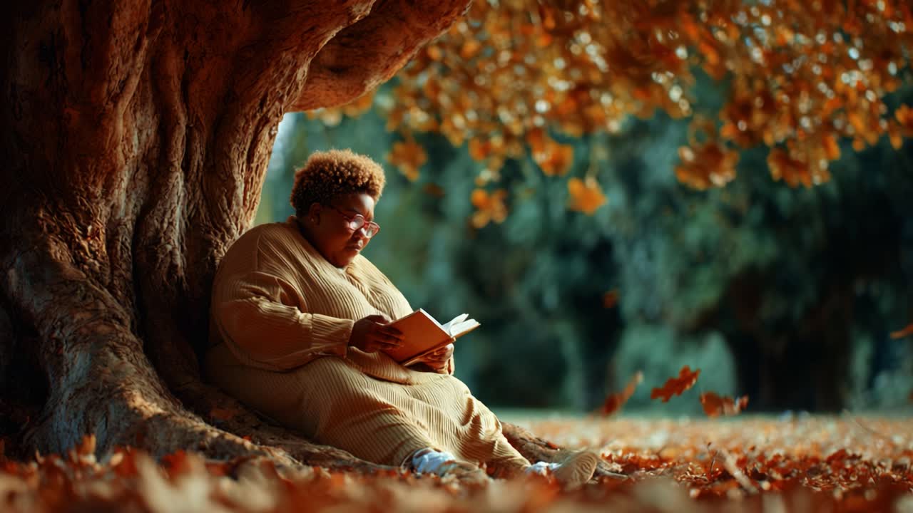 A Tranquil Autumn Escape: A Cozy Individual Reading a Book Beneath a Majestic Tree with Vibrant Fall Foliage, Embracing the Beauty of Nature During a Serene Moment
