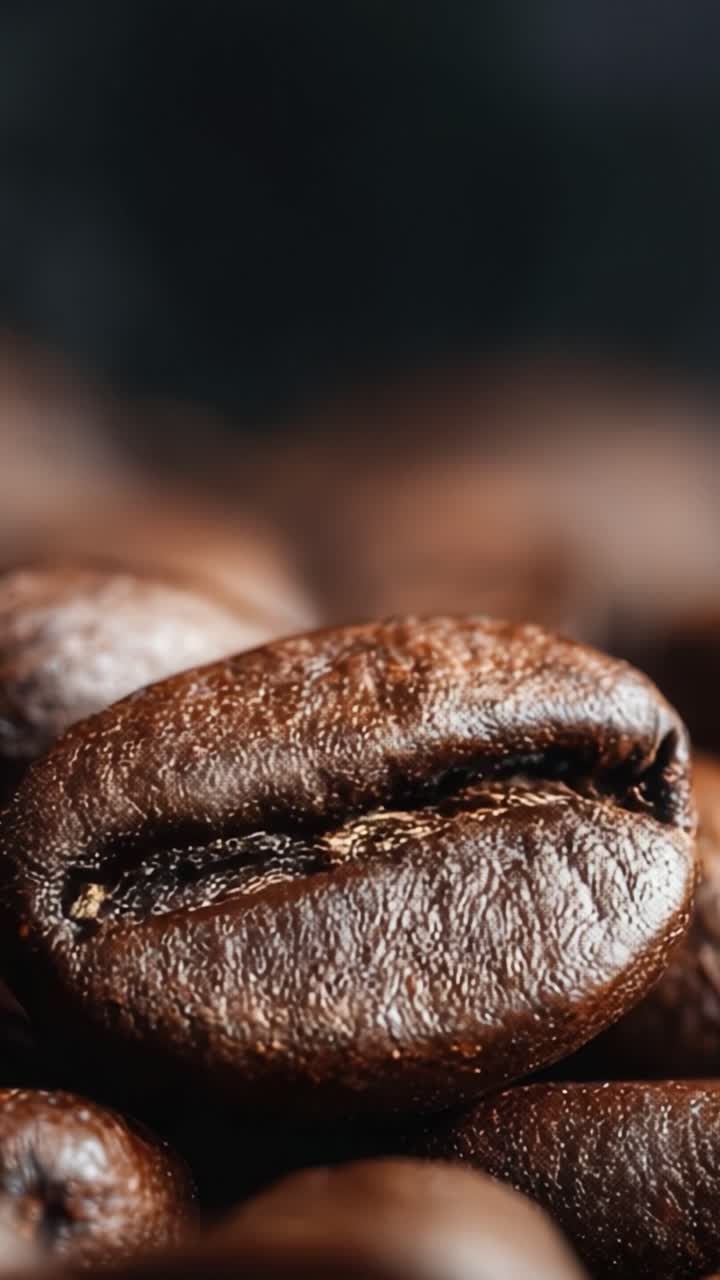 Et nærbillede af rige, aromatiske kaffebønner fanget i fantastisk detalje, der fremviser deres blanke tekstur og indbydende aroma på en mørk baggrund