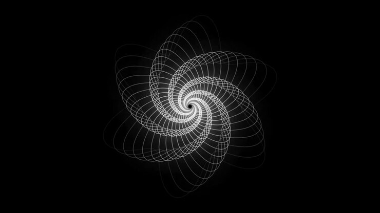 Motivo a spirale geometrica rotante astratto su sfondo nero