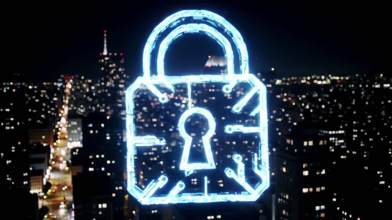 Illuminated Neon Lock Symbol Overlooking a Cityscape at Night, Representing Security, Protection, and Modern Technology in a Vibrant Urban Setting