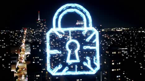 illuminated neon lock symbol overlooking a cityscape at night, representing security, protection, and modern technology in a vibrant urban setting