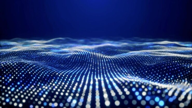Sfondo astratto con movimento di onde di particelle digitali blu