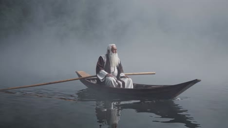 an old man in a foggy boat