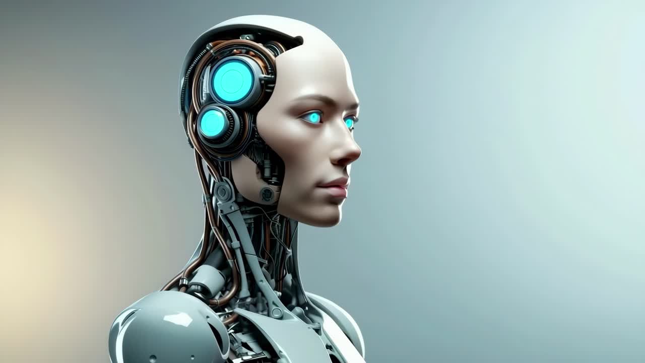 Robot umanoide futuristico con occhi blu luminosi, ripreso di profilo