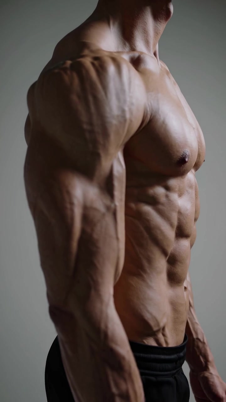 Primer plano de abdominales, pecho y brazos definidos de un hombre musculoso