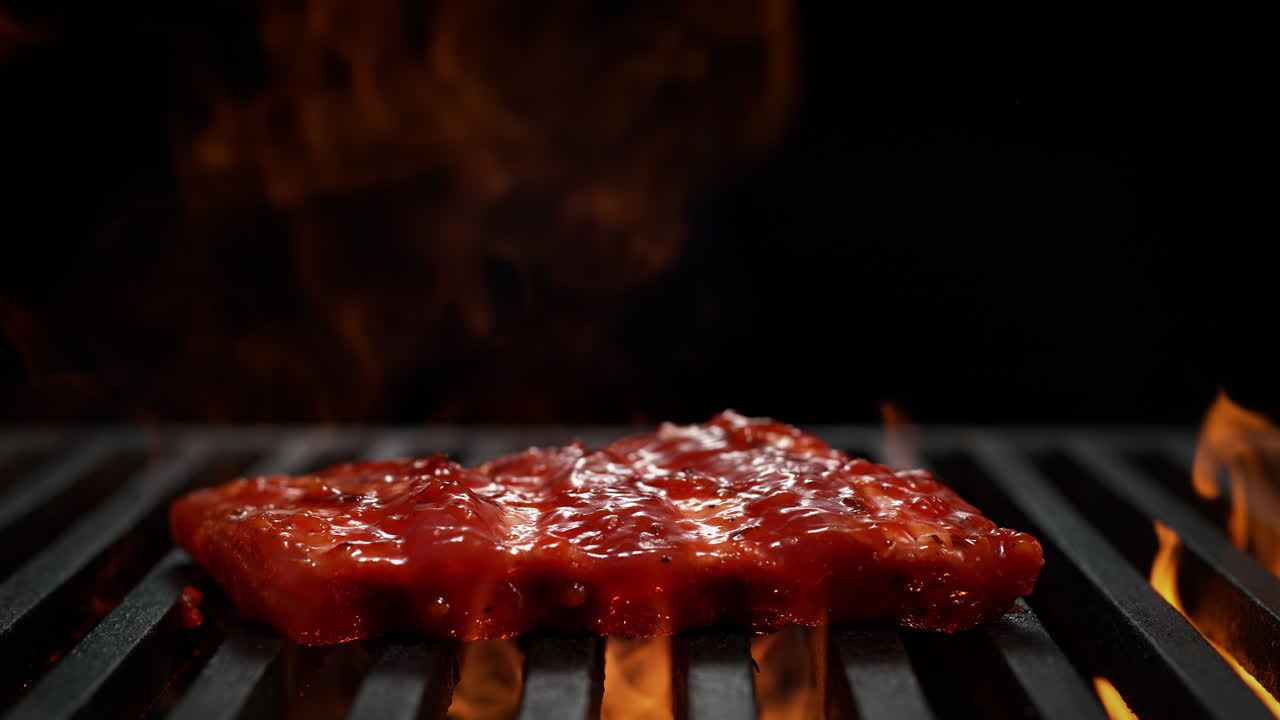 costillas marinadas cayendo sobre la parrilla parrilla en llamas en cámara lenta, fiesta de barbacoa, fondo negro