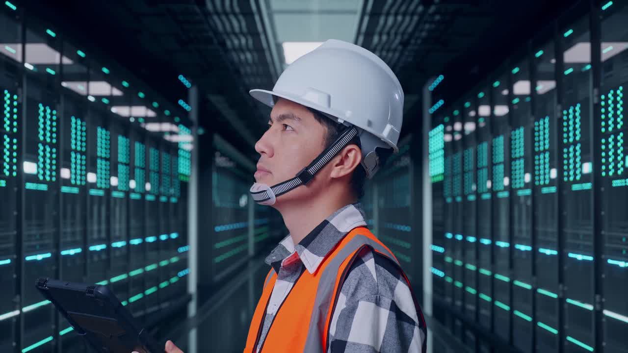 Close Up Side View Of Asian Male Engineer With Safety Helmet Looking At The Tablet In His Hand And Looking Around While Standing in Server Room Data Center
