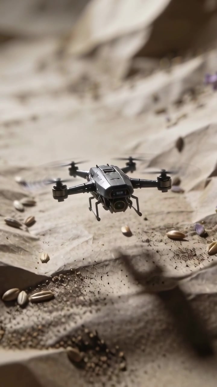 Vertikální video: Rotující rotory navádějí dron spouštějící se nad papírovými dunami ve studiu, kontrolující semena.