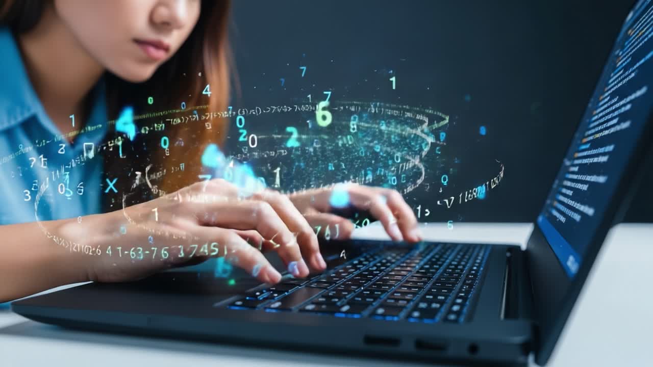 A focused individual engages in digital programming, skillfully typing on a laptop surrounded by swirling data visualizations, showcasing the integration of technology and creativity