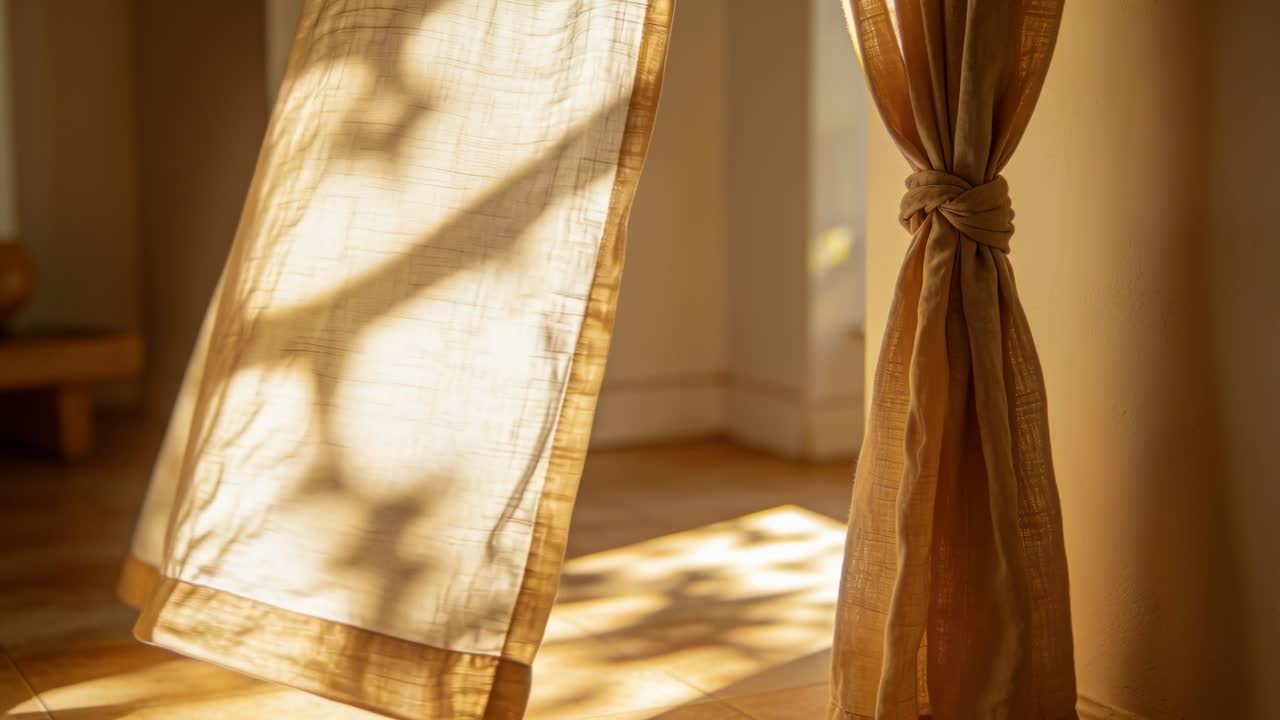 Tenda trasparente che ondeggia verso l'interno a causa della luce solare proveniente da sinistra, proiettando ombre di foglie sul pavimento, con una tenda color terra a destra.
