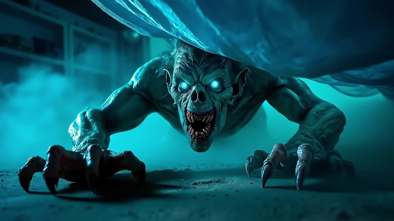 A creepy looking monster with blue eyes peeking out from under a sheet