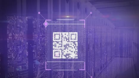 Animation-of-qr-code-scanner-over-screens-of-microprocessor-connections-against-server-room