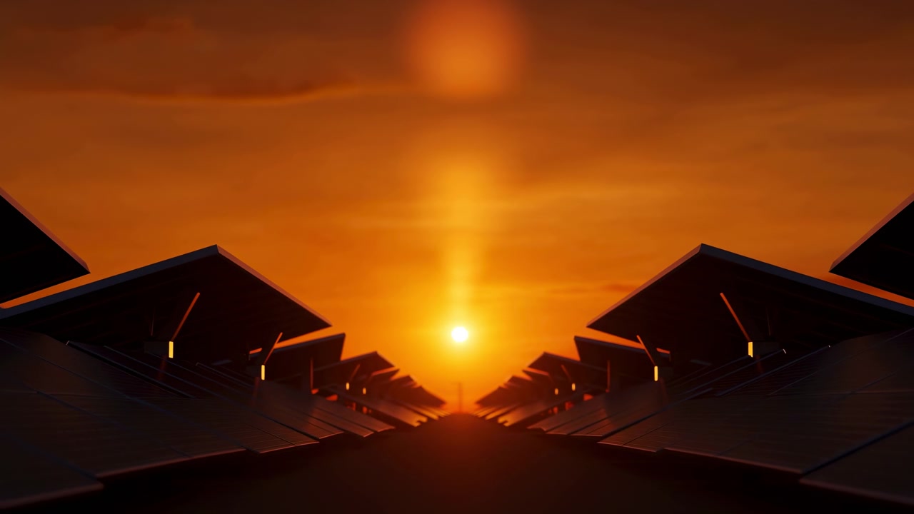 Formas angulares pretas em camadas permanecem imóveis enquanto uma luz laranja quente aparece ao longo do horizonte, criando uma cena de alto contraste com silhuetas geométricas, superfícies reflexivas e composição panorâmica ampla