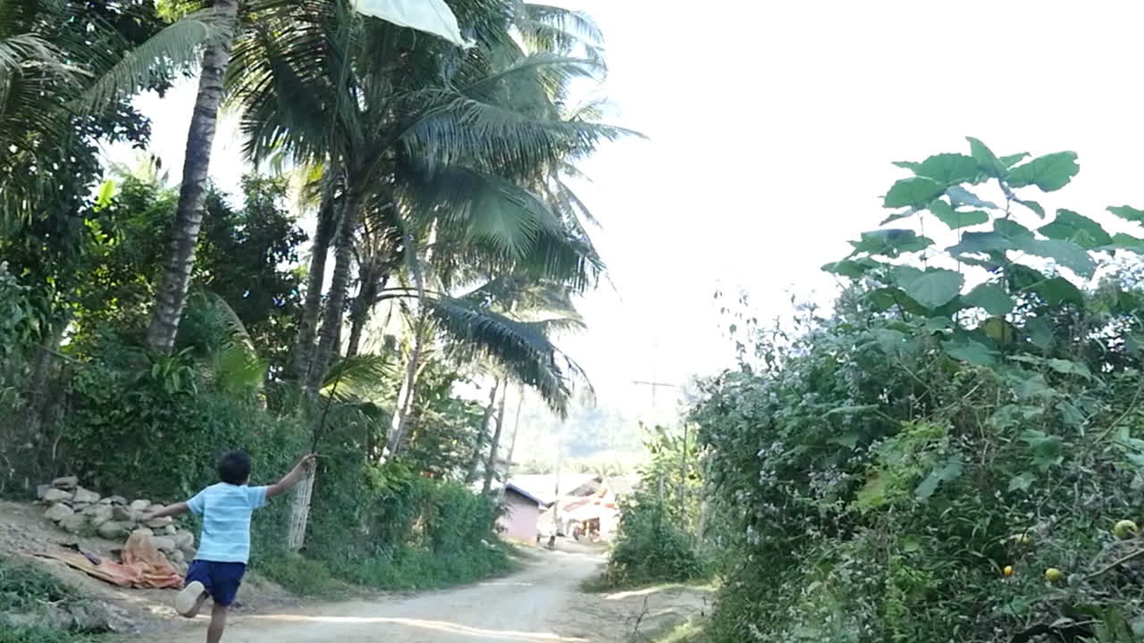 A Child Flying a Kite in a Rural Village