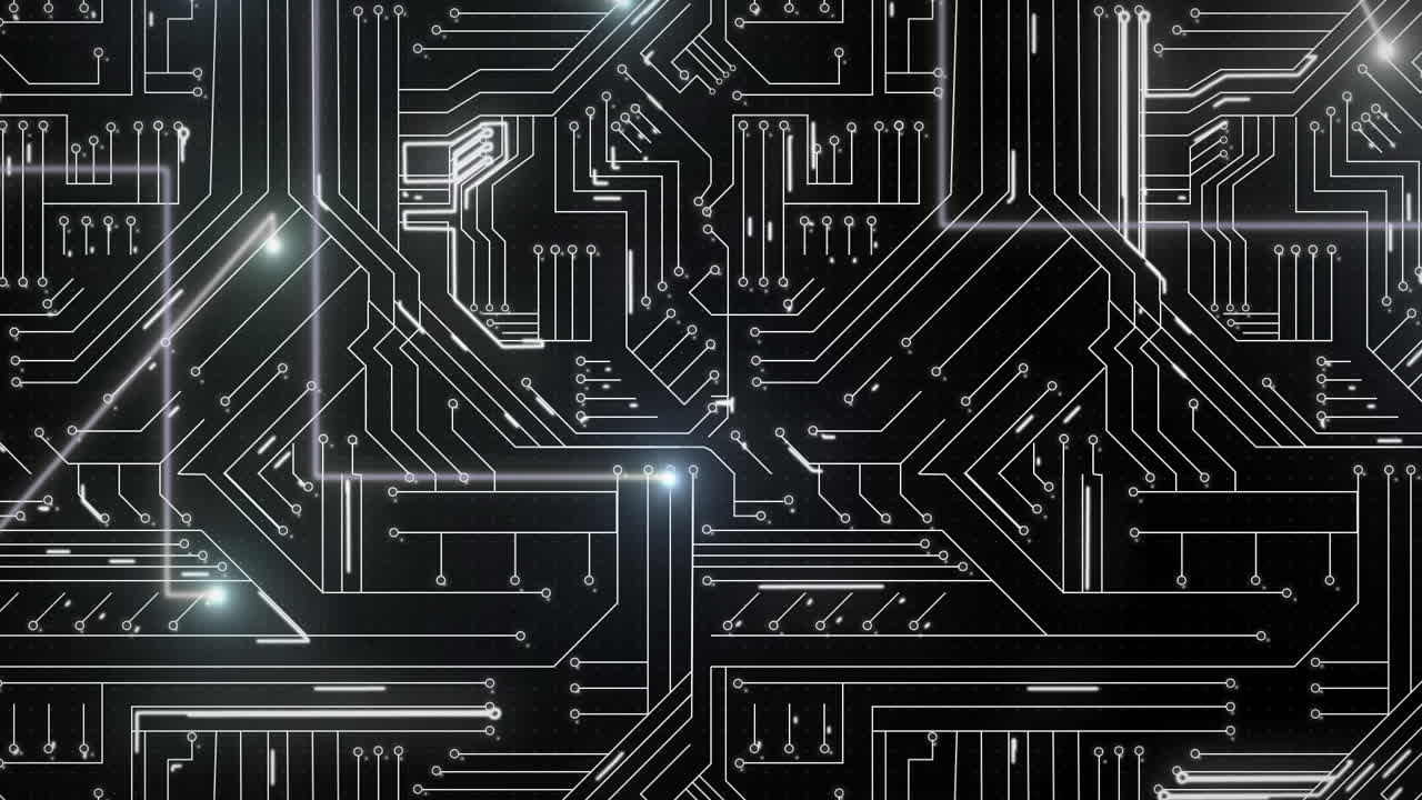 animación de un patrón que parpadea sobre rastros de luz en una placa de circuitos sobre un fondo negro