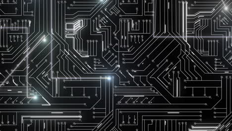 animation of pattern flickering over light trails on circuit board on black background