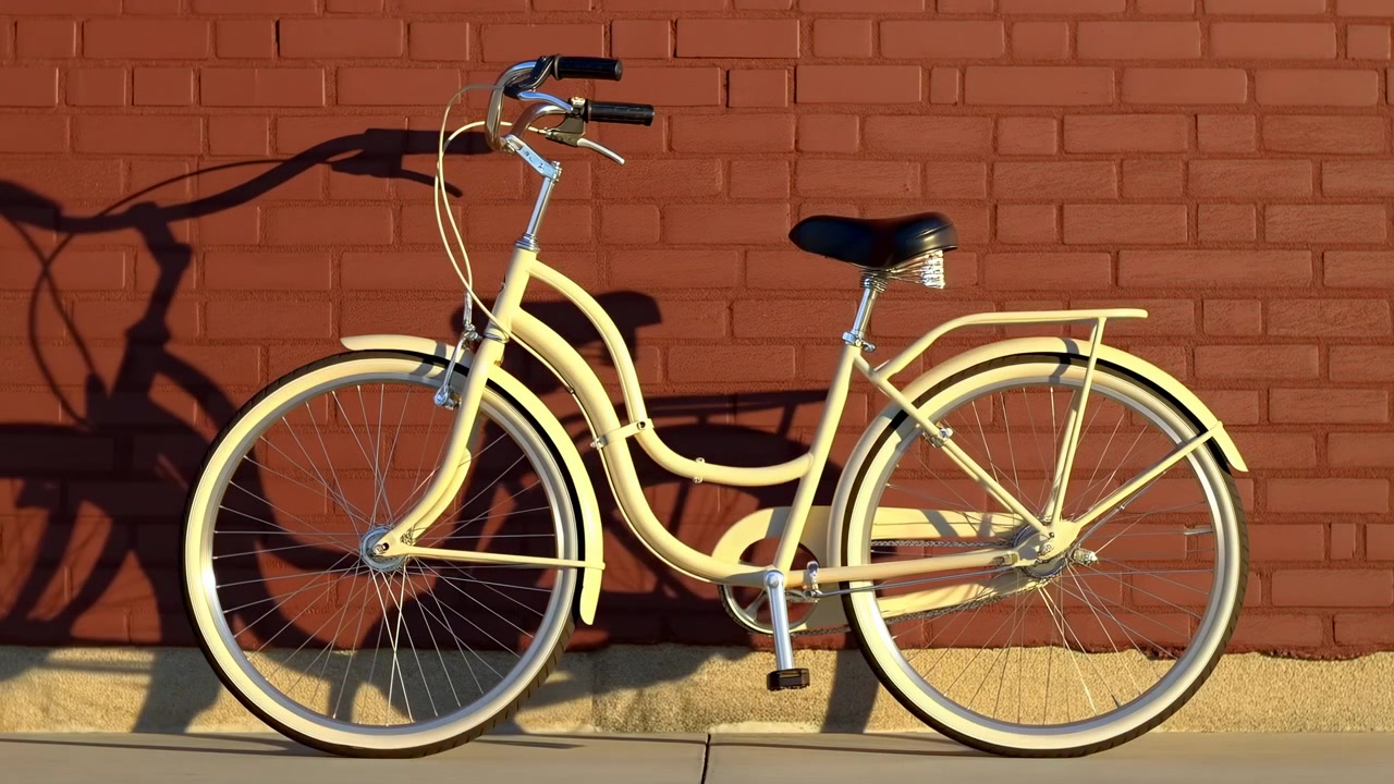 Zijaanzicht van een crèmekleurige vintage fiets die tegen een rode bakstenen muur staat, met witte velgen, een zwart zadel en een lange schaduw op het zonovergoten trottoir