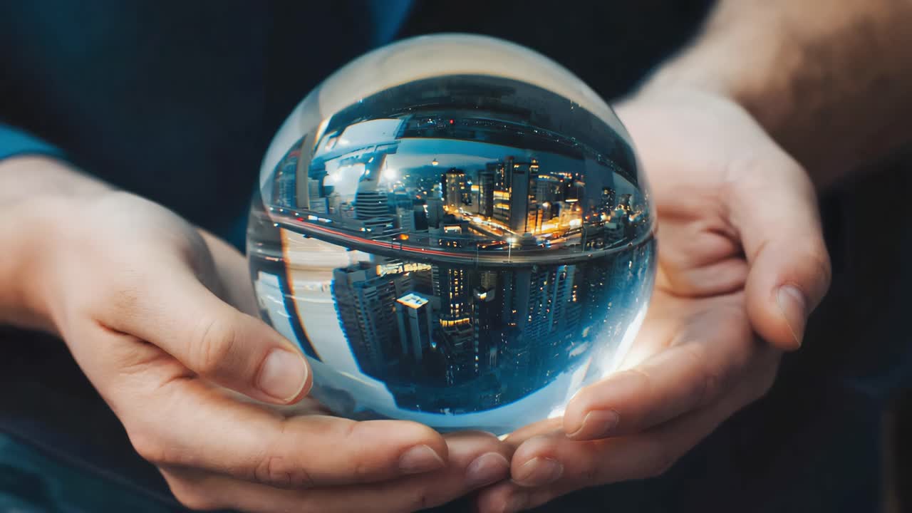 Cityscape reflected in a crystal ball held in hands
