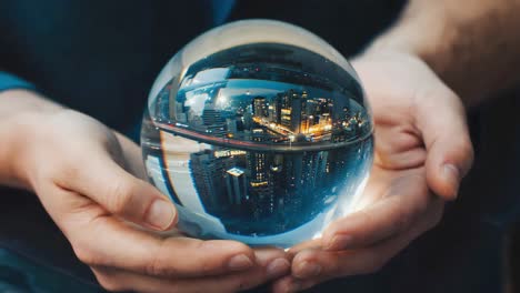 cityscape reflected in a crystal ball held in hands