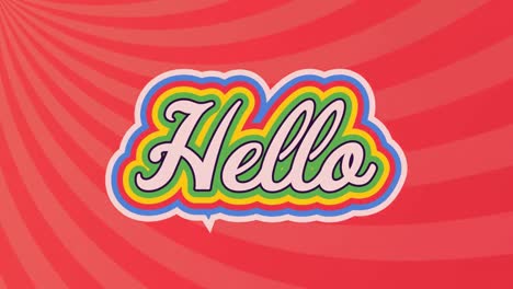 animación digital del texto de saludo con efecto de sombra de arco iris contra un fondo radial rojo