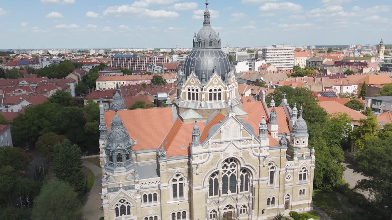 Aerial view of Szeged Synagogue, highlighting its large dome and historic architecture amid the surrounding cityscape