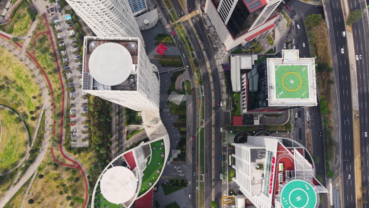 Drone's bird's-eye view, avenue and buildings in Santa Fe, CDMX