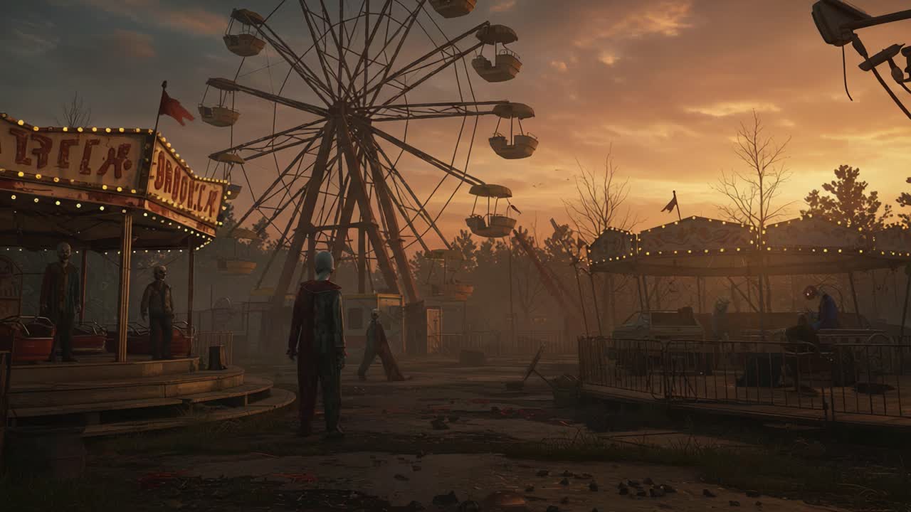 Mysterious Figures Beneath the Golden Sunset at an Abandoned Amusement Park, Echoing Ghostly Whispers of Joy and Fear in an Ominous Yet Captivating Setting