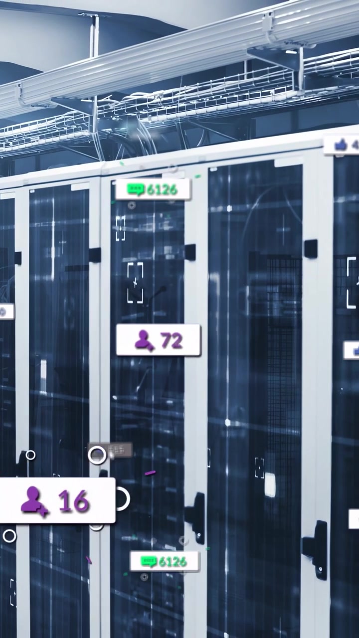 Vertical video: Server cabinets receiving purple tags and green numbers while cursor moving for IT