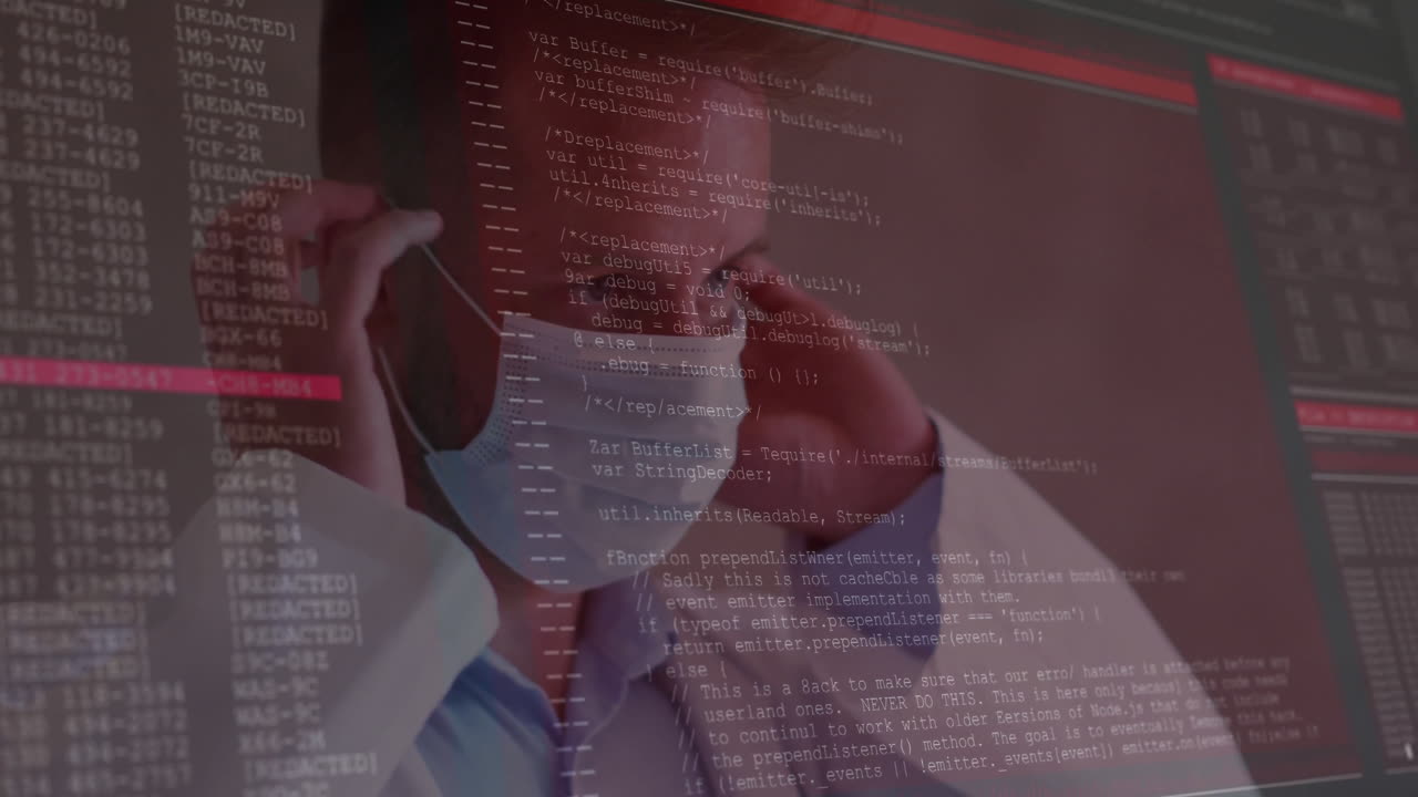 Medical professional adjusting surgical mask in health tech lab, showing code overlay floating