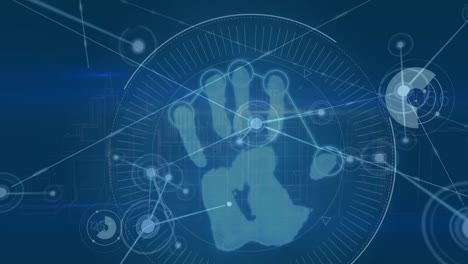 Animation-of-network-of-connections-with-scopes-and-handprint-on-blue-background