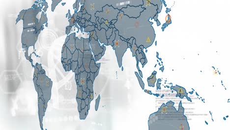 Animación-Del-Hilado-De-Hebras-De-ADN,-Mapa-Mundial-Y-Procesamiento-De-Datos-Sobre-Fondo-Blanco