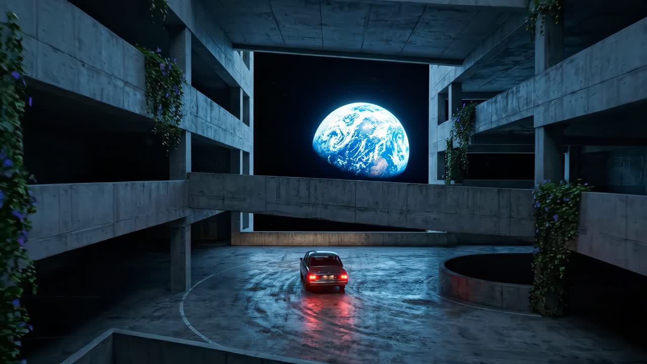 Vintage Car Drives Through Brutalist Structure with Earth in Space