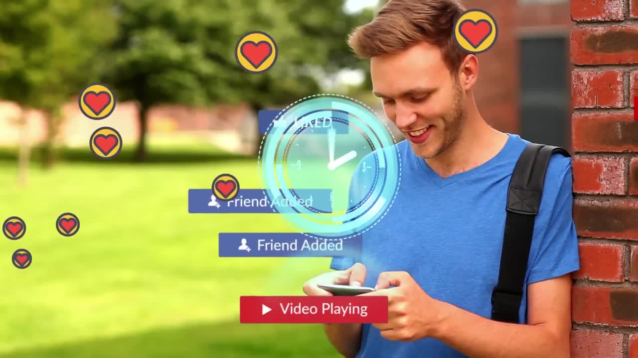 animación de relojes e iconos de redes sociales sobre el hombre usando un teléfono inteligente.