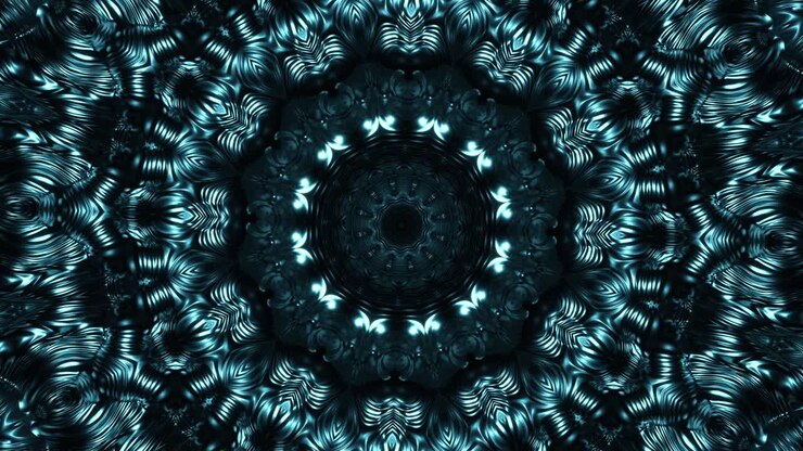 Black and blue circular design with black background. Kaleidoscope VJ loop